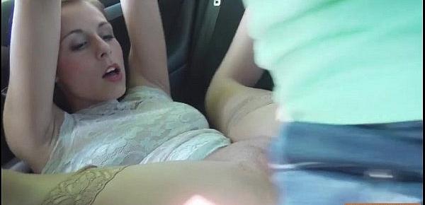  Pretty teen babe in stockings slammed in the backseat